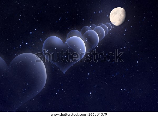 Bubbles\
in the shape of a heart against the moon in\
space