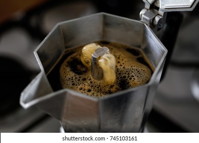 Bubbling Espresso Coffee In A Stovetop Moka Express.