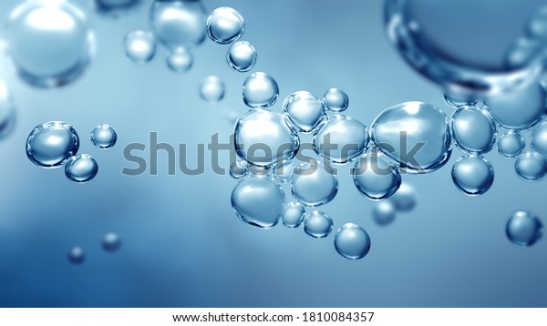 Bubbling fizz and refreshing beauty care products
cleanliness or reviving vitality. Studio shot of transparent
effervescent blue gas bubbles levitating in macroscopic view with
defocus bokeh blur.
