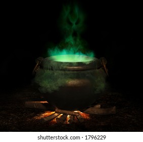 Bubbling Iron Cauldron With Green Smoke And Evil Spirit Rising