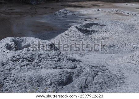 Bubbling thermal mud forms small, smoking volcanic-like structures.