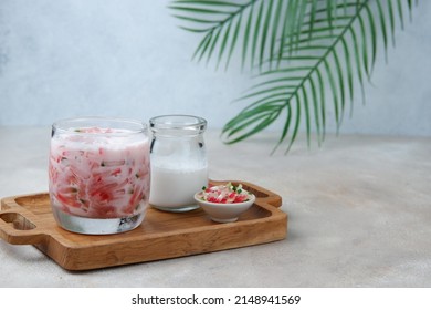 Bubur Pacar Cina or Bubur Sagu Mutiara or Sago Pearls Porridge is Indonesian traditional dessert, made from sago pearls, sugar and coconut milk. Popular during Ramadan. negative space and horizontal