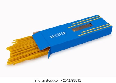 Bucatini pasta in blue cardboard box, big perforated spaghetti coming out of the box isolated on white, clipping path - Powered by Shutterstock