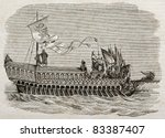 Bucentaur old illustration, the state galley of the doges of Venice. Created by Best and leloir, published on Magasin Pittoresque, Paris, 1840