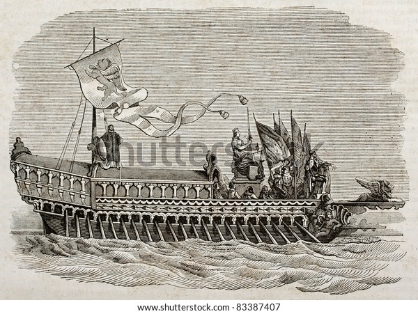 Bucentaur old illustration, the state galley of the\
doges of Venice. Created by Best and leloir, published on Magasin\
Pittoresque, Paris,\
1840