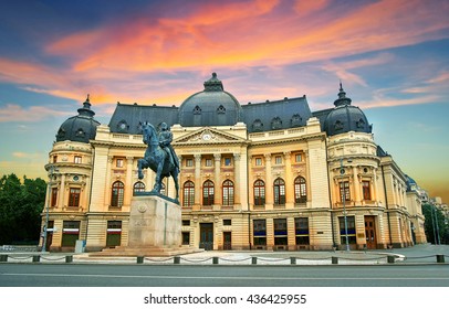 Bucharest / Bucuresti at Sunset. Calea Victoriei, National Library