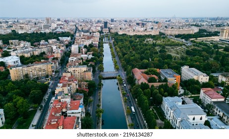 Bucharest City Aerial View With Dambovita And Traffic