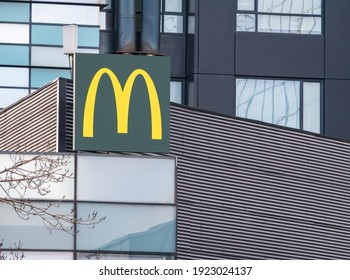 Bucharest Romania - 02.12.2021: Sign And Logo Of A McDonald's Restaurant In The Center Of Bucharest.