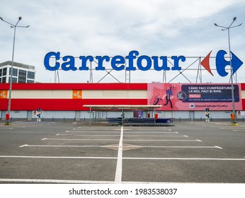 Bucharest, Romania - 05.01.2021: Carrefour Orhideea hypermarket in Bucharest. Carrefour S.A. is a French multinational retail with chains of hypermarkets, groceries and convenience stores