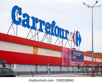 Bucharest, Romania - 05.01.2021: Carrefour Orhideea hypermarket in Bucharest. Carrefour S.A. is a French multinational retail with chains of hypermarkets, groceries and convenience stores