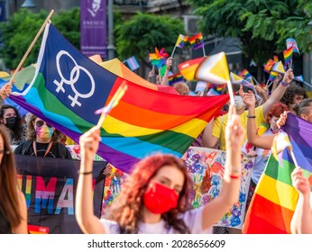 Bucharest, Romania - 08.14.2021: Many People Attending At LGBTQ Pride Parade Rally .