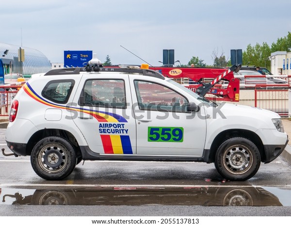 Bucharest, Romania -\
08.28.2021: Airport security car Dacia Duster at Henry Coanda\
International\
Airport
