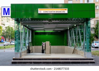 Bucharest, Romania - 1 October 2021: Main entry to Constantin Brancusi metro station in Dr Taberei or Drumul Taberei neighbourhood
