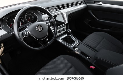 Bucharest, Romania 11.03.2021. Interior of Volkswagen Passat B8.Deck details.
