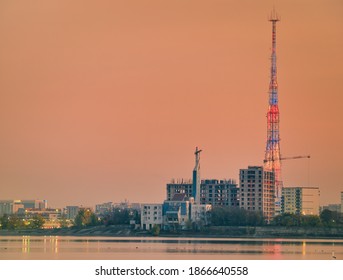 Bucharest Romania - 11.16.2020: Special Telecommunications Service (STS) tower in Bucharest, view from Lake Dambovita.