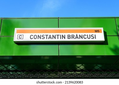 Bucharest, Romania, 12 November 2021: Sign at the main entry to Constantin Brancusi metro station in Dr Taberei or Drumul Taberei neighbourhood
