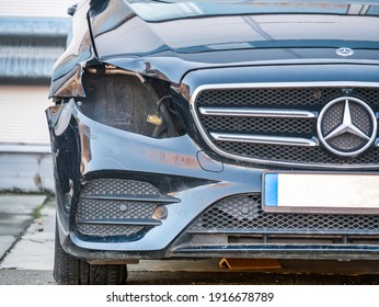 Bucharest, Romania - 12.31.2020: Mercedes  car involved in an accident. Crashed car with no headlight