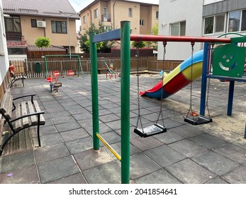 Bucharest, Romania, 15.09.2021: Empty Playground With No Kids Playing, Isolation, Quarantine During Covid19 Pandemic