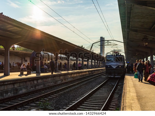 Bucharest,
Romania - 2019. People getting of the train Bucharest North Railway
Station (Gara de Nord) in Bucharest,
Romania.