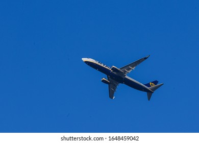 Bucharest / Romania - 2020: Ryan Air Airplane Taking Of With Blue Sky Background