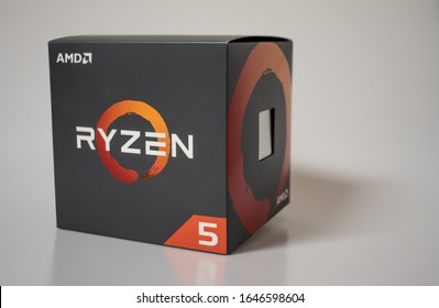 Bucharest / Romania - 2/16/2020: Isolated Cpu Box Of AMD Ryzen 5 1600 With Reflexion