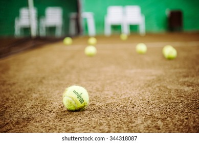 BUCHAREST, ROMANIA - 27 November 2015: Wilson tennis balls in tennis court in Bucharest, Romania.