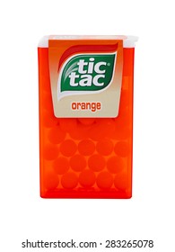 BUCHAREST, ROMANIA - APRIL 1, 2015. Tic Tac Orange, used to refresh the mouth, cooling breath and gives off a pleasing smell . Tic Tac is a brand of small, hard mints, produced by Ferrero.