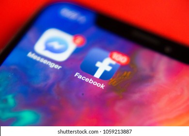 BUCHAREST, ROMANIA - APRIL 1, 2018: Closeup Photo Of An Iphone X Home Screen With Facebook Icon