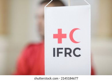 Bucharest, Romania - April 12, 2022: The International Federation Of Red Cross And Red Crescent Societies (IFRC) Logo On A Banner At A Press Conference.