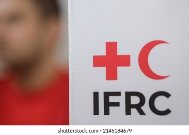 Bucharest, Romania - April 12, 2022: The International Federation Of Red Cross And Red Crescent Societies (IFRC) Logo On A Banner At A Press Conference.