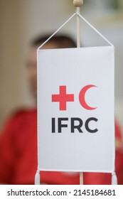 Bucharest, Romania - April 12, 2022: The International Federation Of Red Cross And Red Crescent Societies (IFRC) Logo On A Banner At A Press Conference.