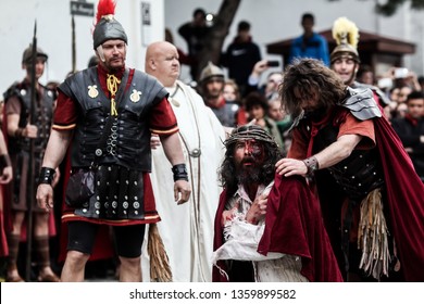 Bucharest, Romania - April 15, 2014: Dramatisation By Actors Of The Passion Of Christ - Drama, Torture And Crucifixion Of Jesus Christ By The Romans.