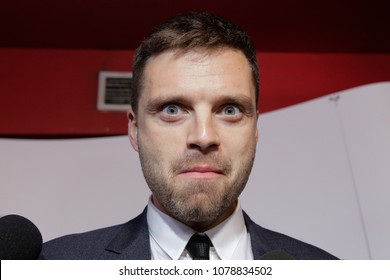 BUCHAREST, ROMANIA - APRIL 27: Romanian Born Actor Sebastian Stan, Known For His Role Of Bucky Barnes/Winter Soldier In The Marvel Universe, Meets His Fans In A Cinema, On April 27, In Bucharest.