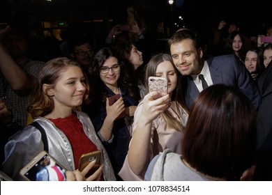 BUCHAREST, ROMANIA - APRIL 27: Romanian Born Actor Sebastian Stan, Known For His Role Of Bucky Barnes/Winter Soldier In The Marvel Universe, Meets His Fans In A Cinema, On April 27, In Bucharest.