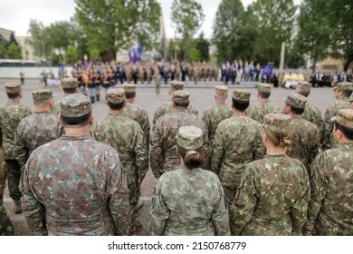 Bucharest, Romania - April 28, 2022: Romanian Female Land Forces Soldiers Take Part At A Public Ceremony.