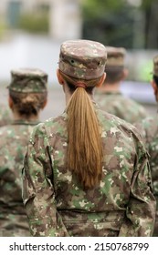 Bucharest, Romania - April 28, 2022: Romanian Female Land Forces Soldier Take Part At A Public Ceremony.