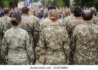 Bucharest, Romania - April 28, 2022: Romanian Female Land Forces Soldiers Take Part At A Public Ceremony.