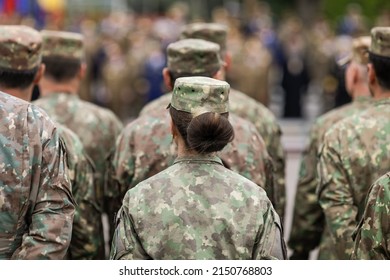 Bucharest, Romania - April 28, 2022: Romanian Female Land Forces Soldier Take Part At A Public Ceremony.