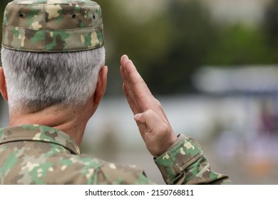 Bucharest, Romania - April 28, 2022: Romanian Land Forces Soldier Salutes During A Public Ceremony.