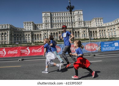 BUCHAREST, ROMANIA, April 3, 2016: A Family Participates In The Bucharest 10 K & Family Run Marathon Held In Bucharest. 