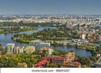 Bucharest, Romania - August 16, 2013: Picturesque aerial view of the Tei Lake (Linden Tree Lake) and its neighborhood in the Bucharest Northern Side.