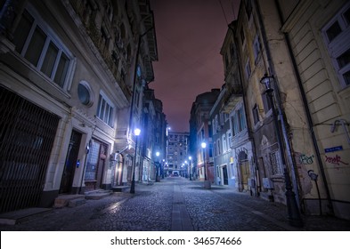 Bucharest, Romania - August 23, 2014: Night Street Scene In Bucharest Old City.