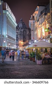 Bucharest, Romania - August 23, 2014: Night Street Scene In Bucharest Old City.