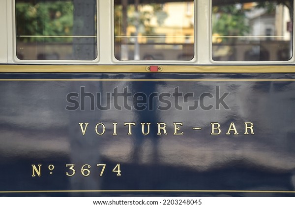 BUCHAREST, ROMANIA - AUGUST 29, 2022: Famous\
Orient Express long distance passenger train stopped in Bucharest\
central train\
station.