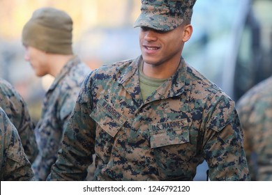 BUCHAREST, ROMANIA - December 1, 2018: US marines take part at the Romania’s National Day military parade, in Bucharest.