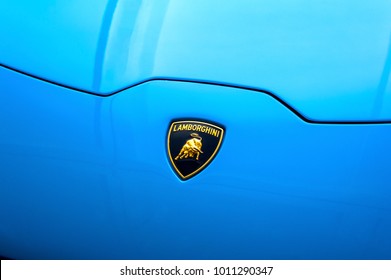 BUCHAREST, ROMANIA - December 15 2017 Lamborghini Huracán Spyder LP 610-4 HT - BLU CEPHEUS  Sign Close Up