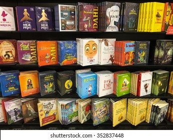 BUCHAREST, ROMANIA - DECEMBER 18, 2015: Children Books For Sale On Library Shelf.