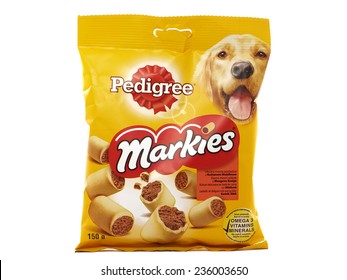 BUCHAREST, ROMANIA - DECEMBER 8, 2014. Pedigree Markies Marrowbone Snacks, Dog Food Pouches. Pedigree Is A Brand Of Dog Food Sold Throughout The World, Owned By The American Group Mars, Incorporated