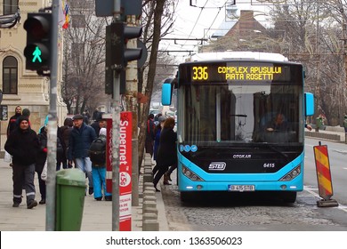 Bucharest, Romania - February 05, 2019: One of the 400 Otokar buses contracted by the City Hall of Bucharest in 2018 from turkish manufacturer Otokar Otomotiv Savunma Sanayi A.S is seen in Bucharest.