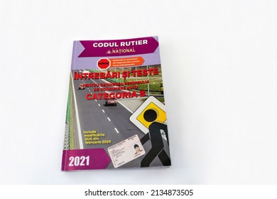 BUCHAREST, ROMANIA - FEBRUARY 05, 2022: Tests for driving license. Highway code isolated on white.